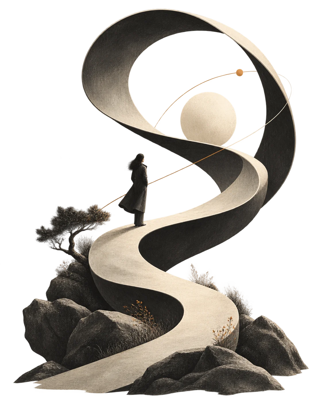 An illustrated figure standing on a winding path that curls up toward a rising moon